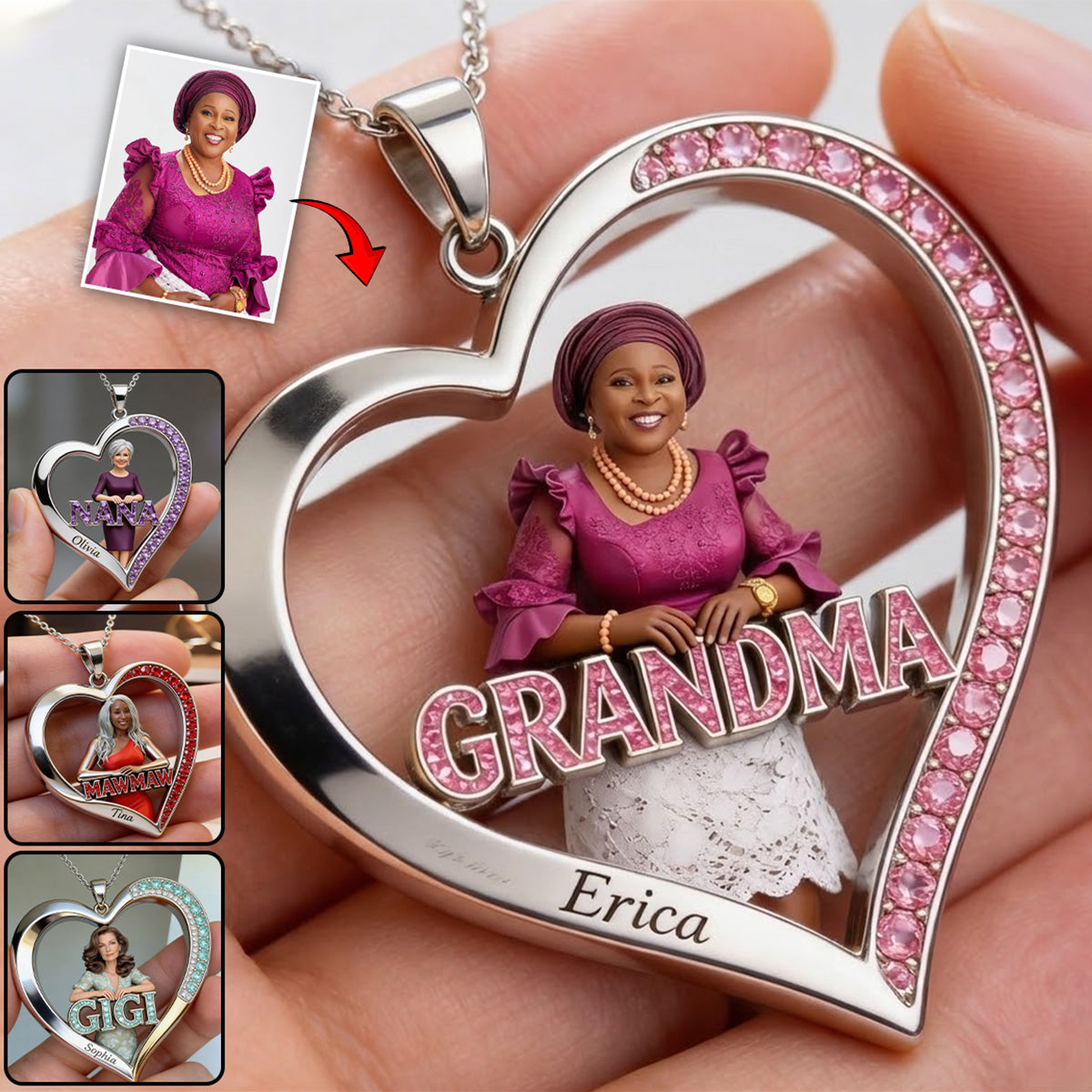 Custom Any Photo Gift For Grandma/Mom - Personalized Grandma Shaped Metal Pendant Necklace
