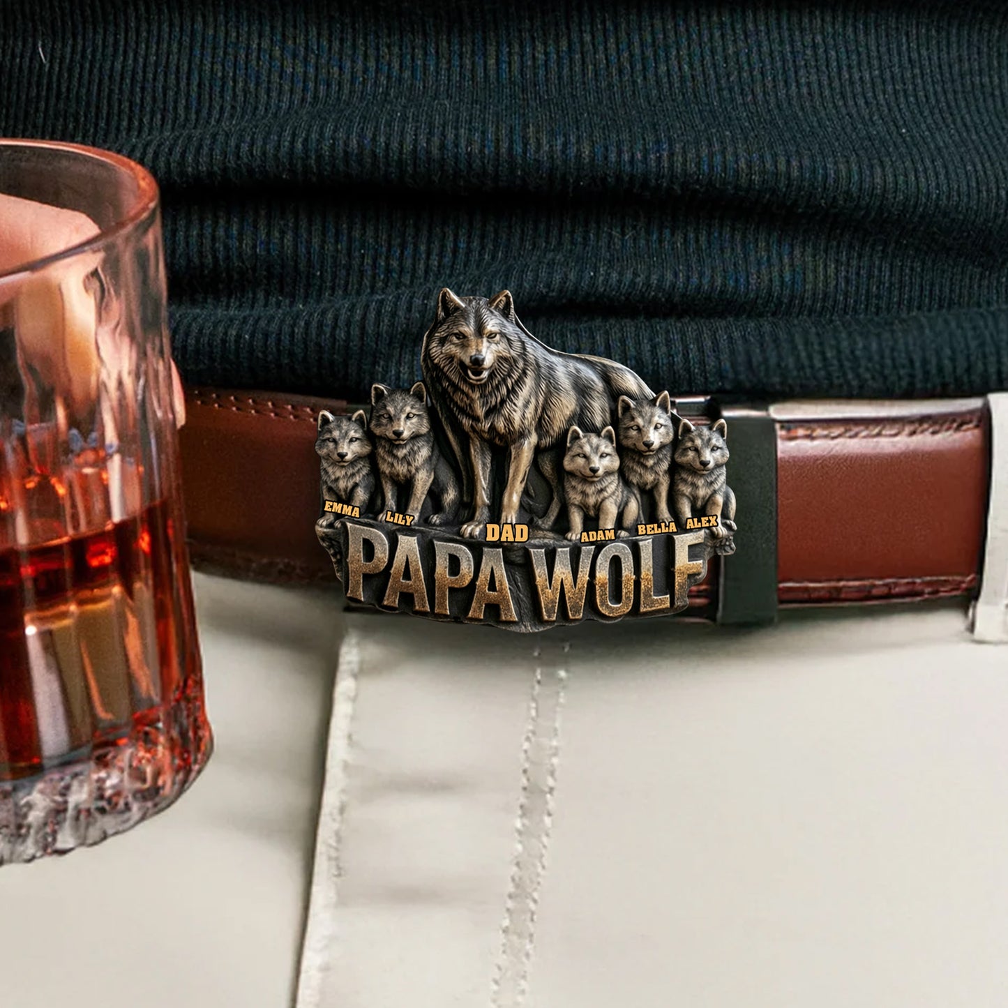 Cadeau Papa Loup Pour Père Grand-père - Ceinture en Cuir Personnalisée avec Boucle