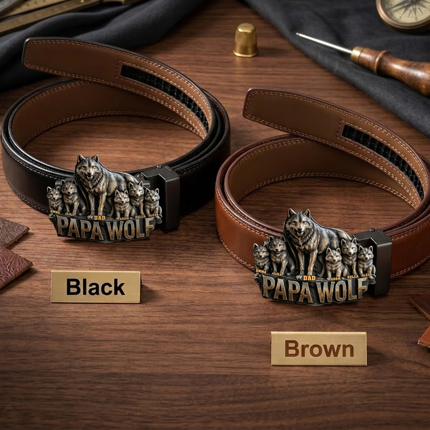 Cadeau Papa Loup Pour Père Grand-père - Ceinture en Cuir Personnalisée avec Boucle