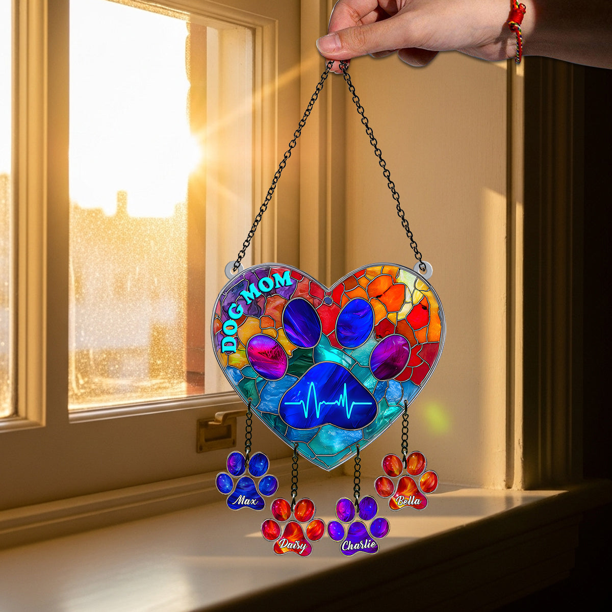 Maman de chien - Attrape-soleil personnalisé à suspendre à la fenêtre avec breloques personnalisées