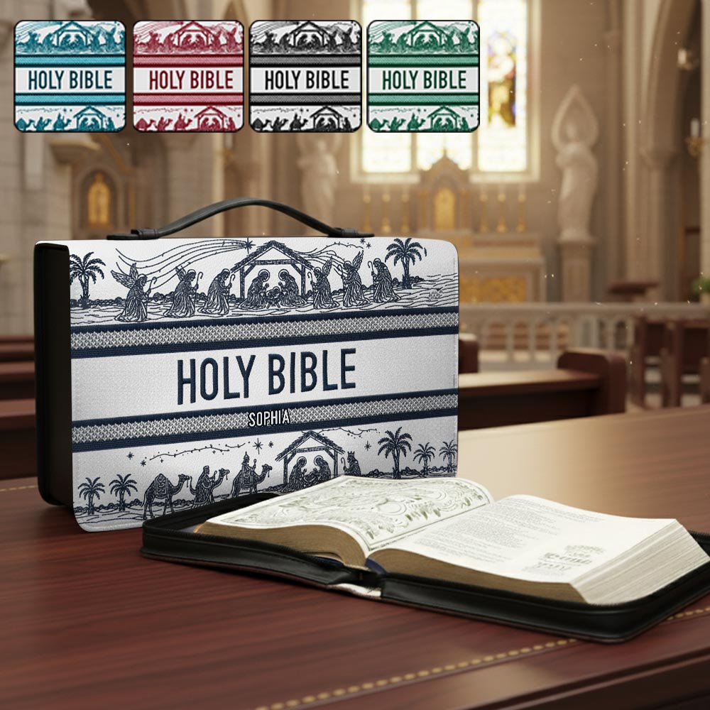 Couverture de Bible en cuir personnalisée avec scène de la Nativité