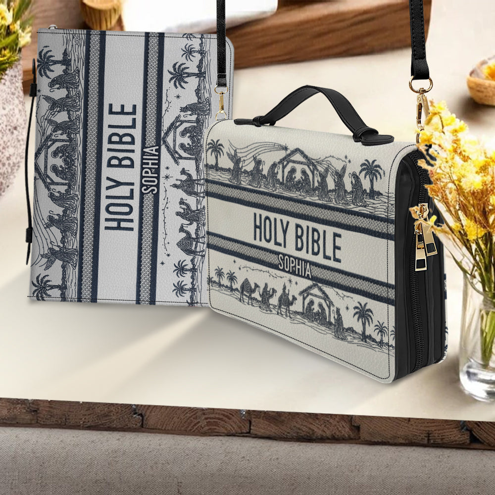 Couverture de Bible en cuir personnalisée avec scène de la Nativité