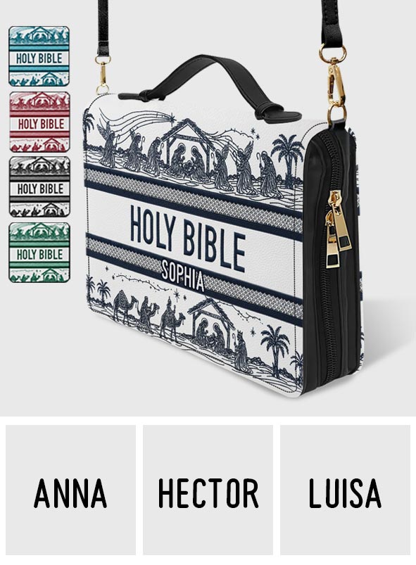 Couverture de Bible en cuir personnalisée avec scène de la Nativité