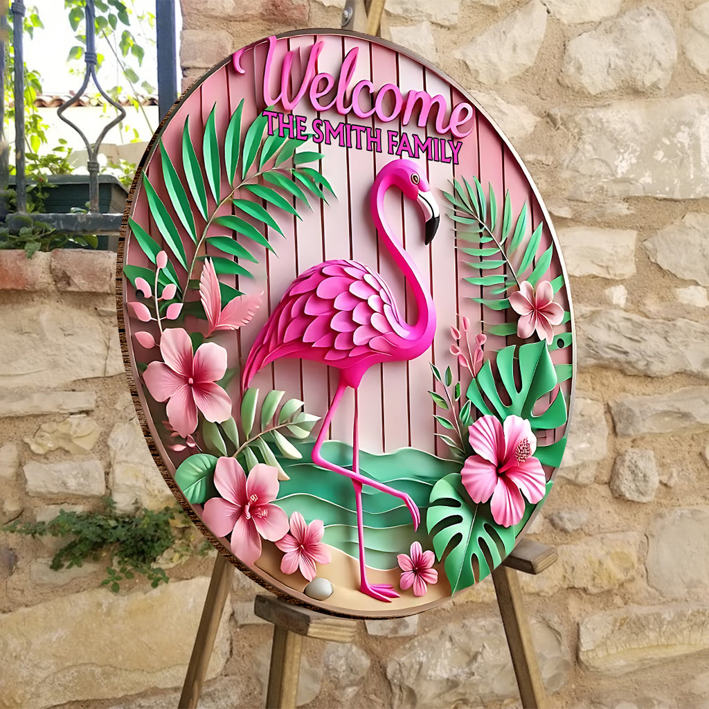 Bienvenue - Panneau rond en bois personnalisé avec flamant rose