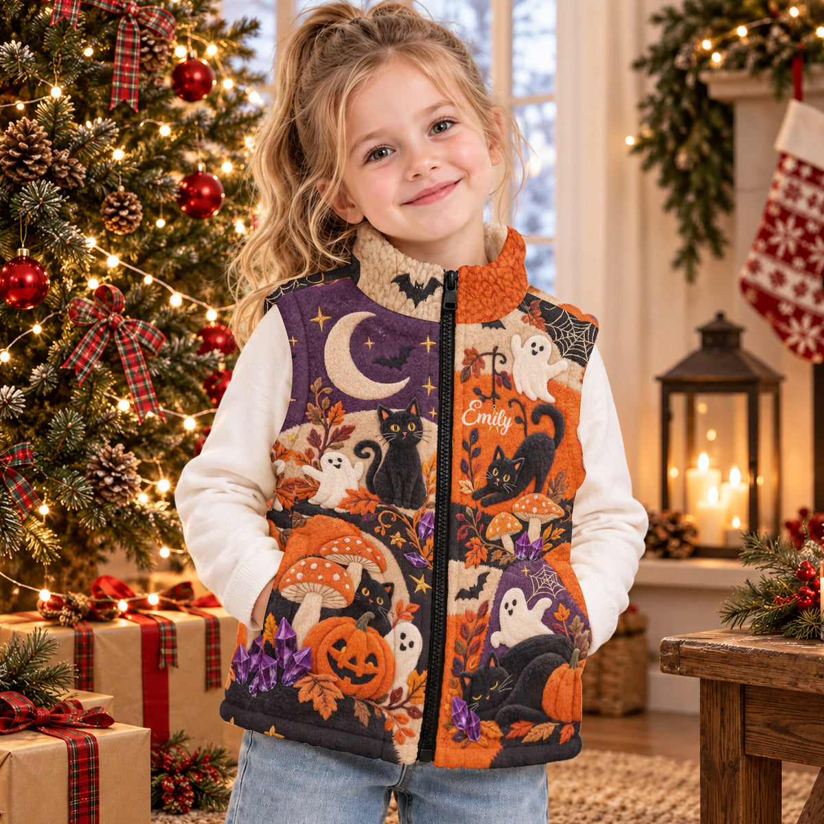Happy Halloween - Personalized Black Cat Flannel Fleece Vest