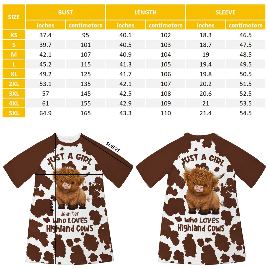 Just A Girl Who Loves Highland Cows - Personalized Highland Cow Sleep T-shirt Dress