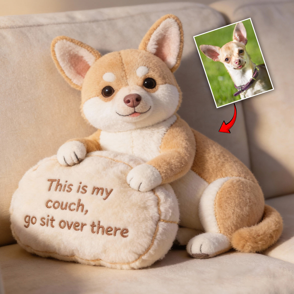 « Voici mon canapé » - Coussin personnalisé en fausse fourrure pour chien