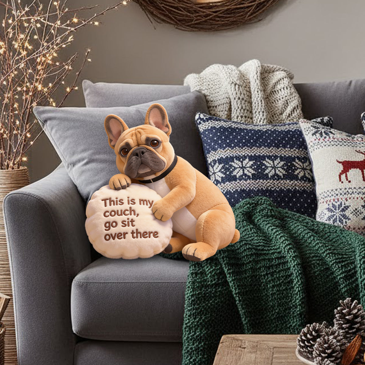 « Voici mon canapé » - Coussin personnalisé en fausse fourrure pour chien