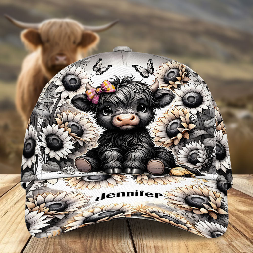 Casquette Highland Cow classique personnalisée avec fleur noire et blanche