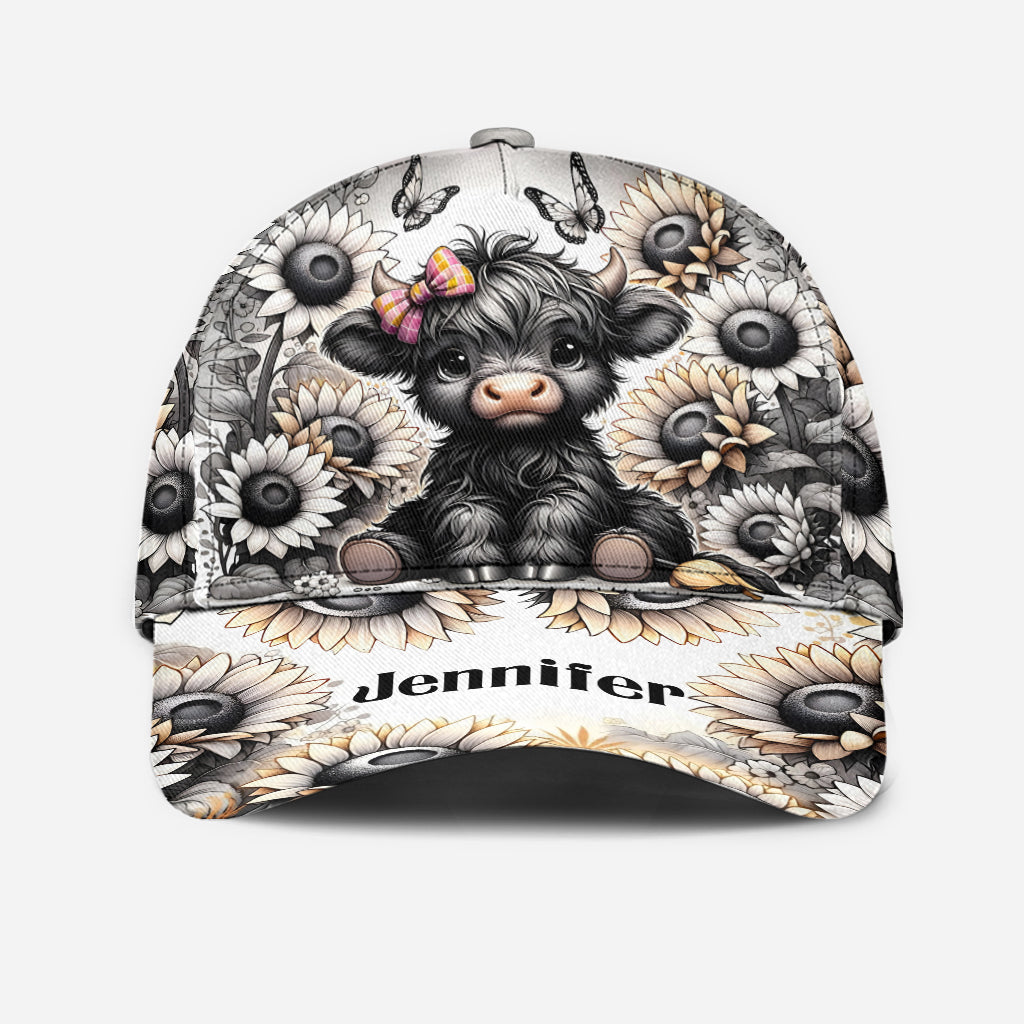Casquette Highland Cow classique personnalisée avec fleur noire et blanche