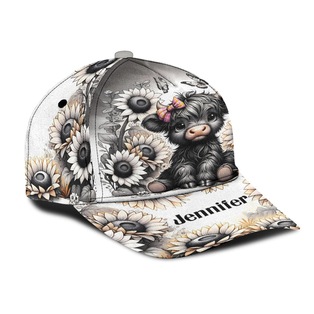 Casquette Highland Cow classique personnalisée avec fleur noire et blanche