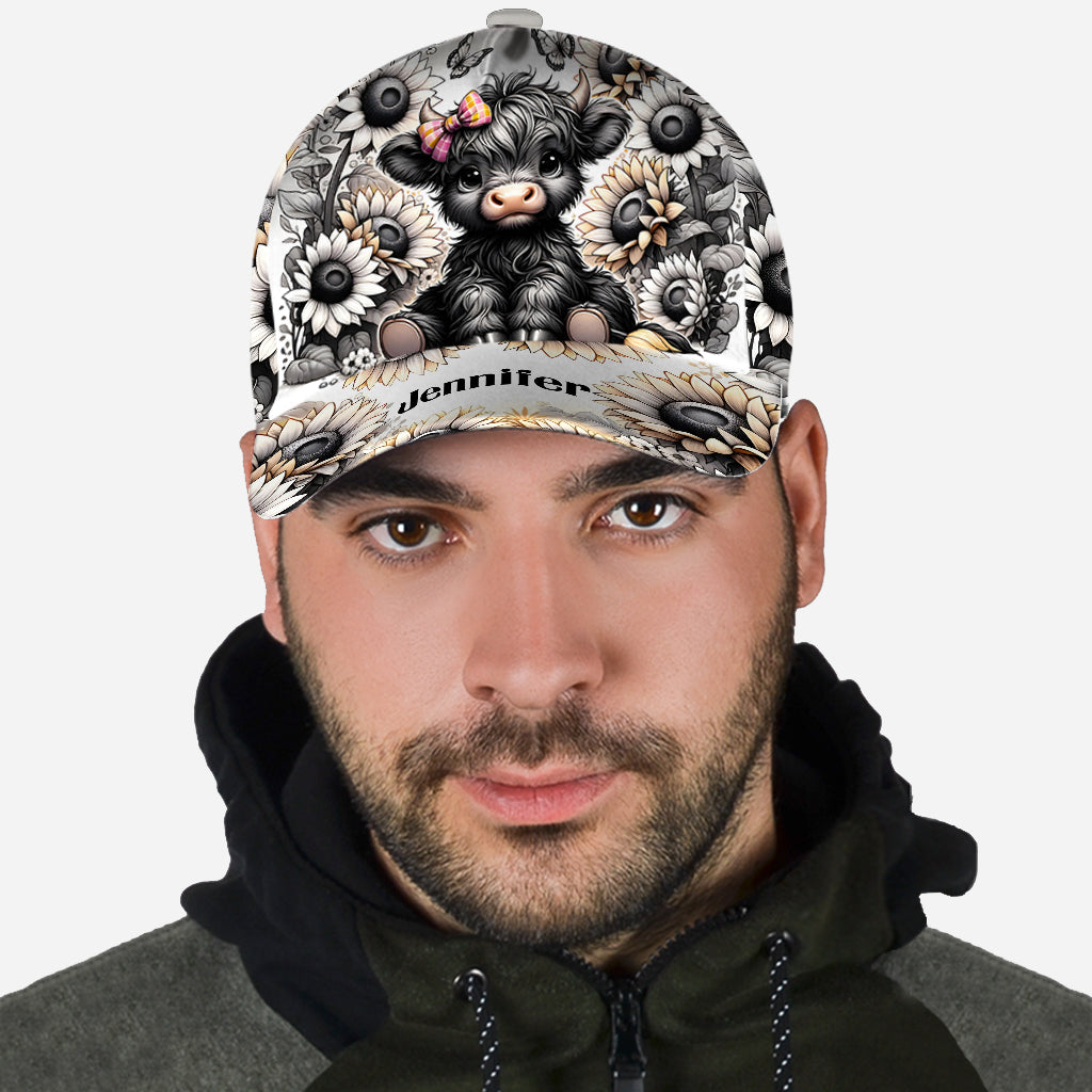 Casquette Highland Cow classique personnalisée avec fleur noire et blanche