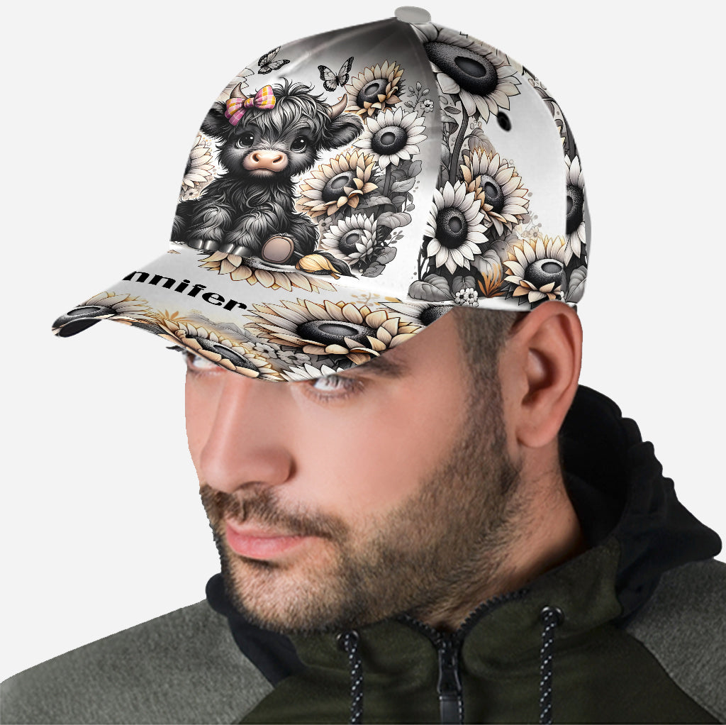 Casquette Highland Cow classique personnalisée avec fleur noire et blanche