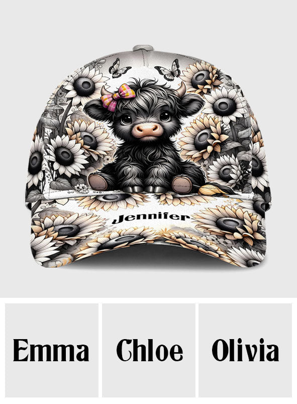 Casquette Highland Cow classique personnalisée avec fleur noire et blanche