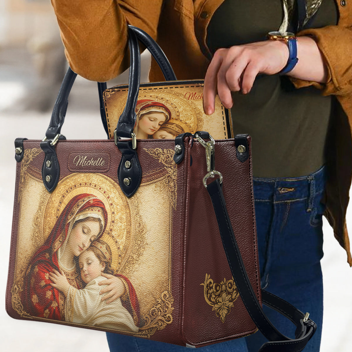 Sac à main et portefeuille long en cuir personnalisés, style chrétien, Vierge Marie Mère