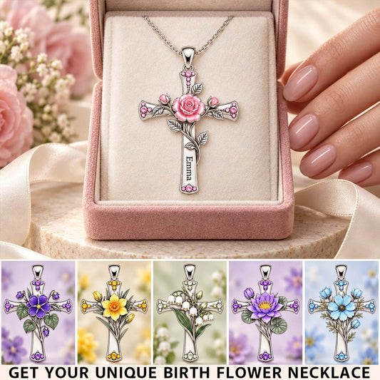 Cadeau Croix Fleurs de Naissance Personnalisé pour Maman, Mamie & Amies - Pendentif Métal en Forme d'Amour Propre