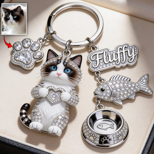 J'adore mon chat - Porte-clés personnalisé en acrylique avec charms