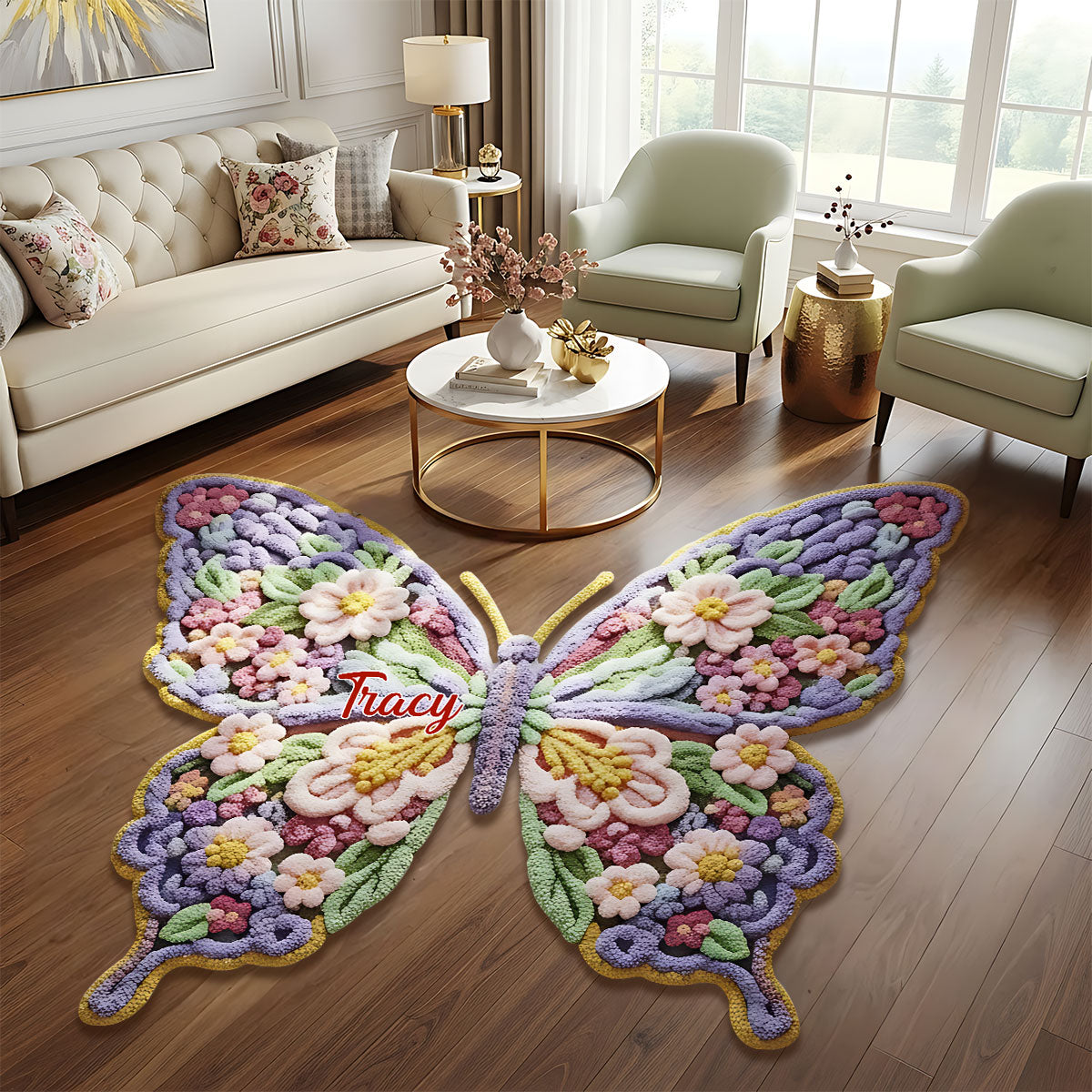 Paillasson/tapis de porte personnalisé en forme de papillon fleuri