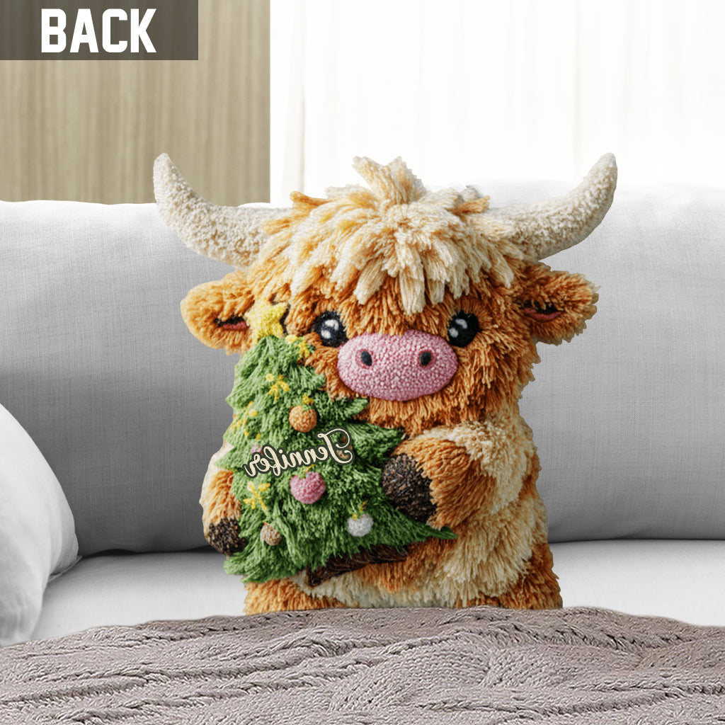 Cute Highland Cow Merry Christmas - Personalized Highland Cow Shaped Pillow