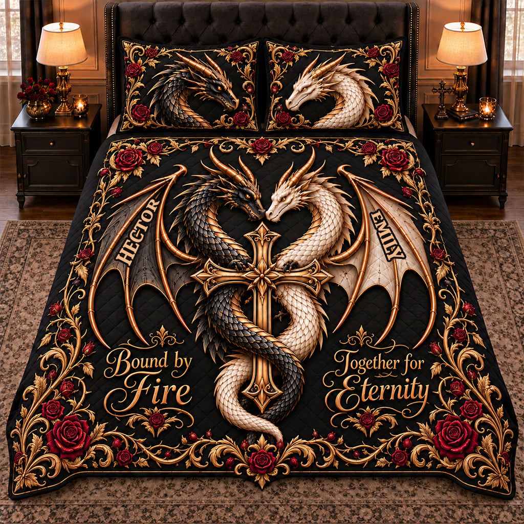 Bound By Fire Couple Gift - Personalized Dragon Quilt Set