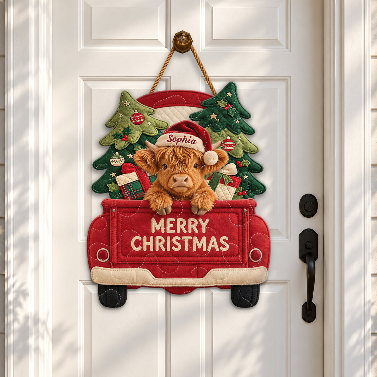 Merry Christmas - Personalized Highland Cow Quilted Door Hanger