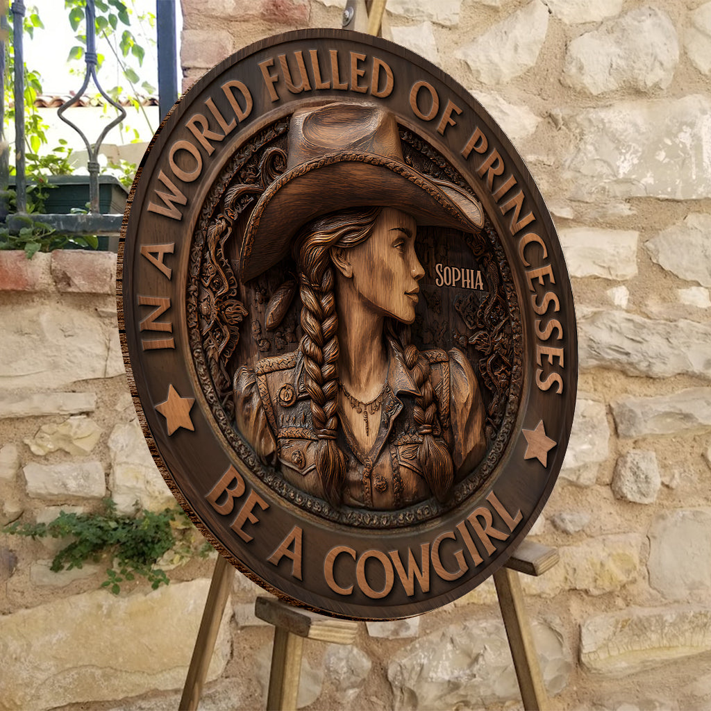 Dans un monde de princesses, sois une cowgirl ! - Panneau rond en bois personnalisé « Cowgirl »