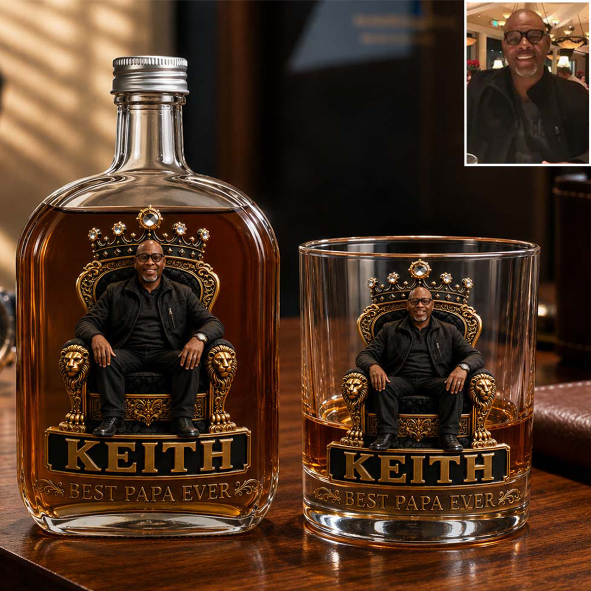Cadeau pour Roi Noir, Cadeau Personnalisé Fête des Pères - Bouteille de Whisky & Verre Personnalisés