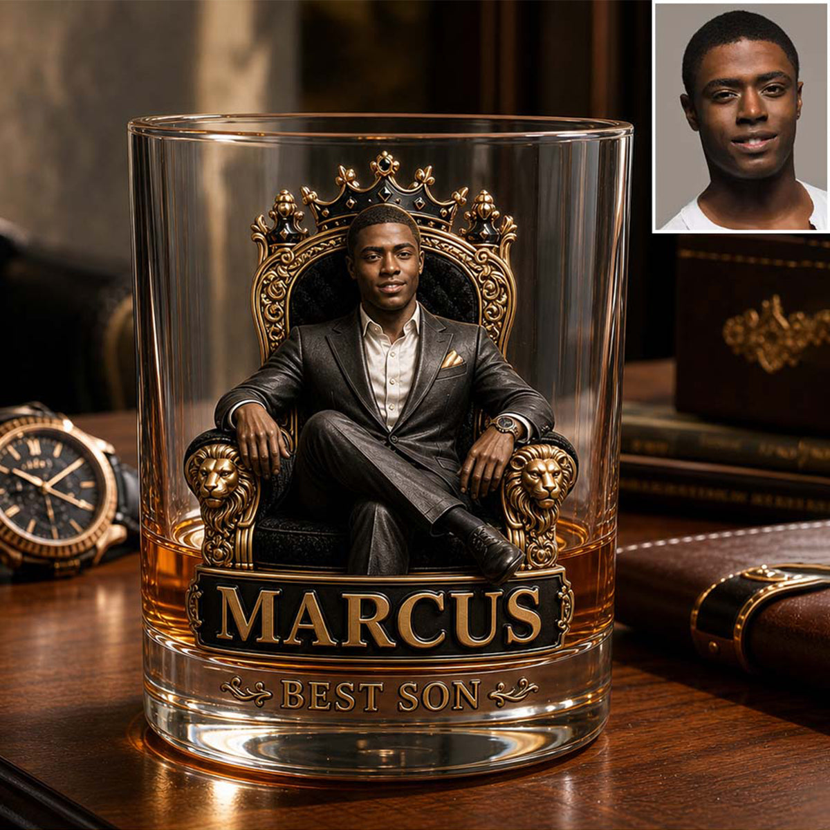 Cadeau pour Roi Noir, Cadeau Personnalisé Fête des Pères - Bouteille de Whisky & Verre Personnalisés