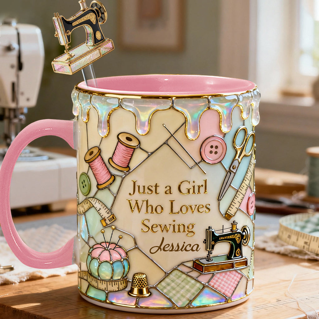 Juste une fille qui aime coudre - Mug personnalisé avec ensemble de couture et agitateurs en acrylique