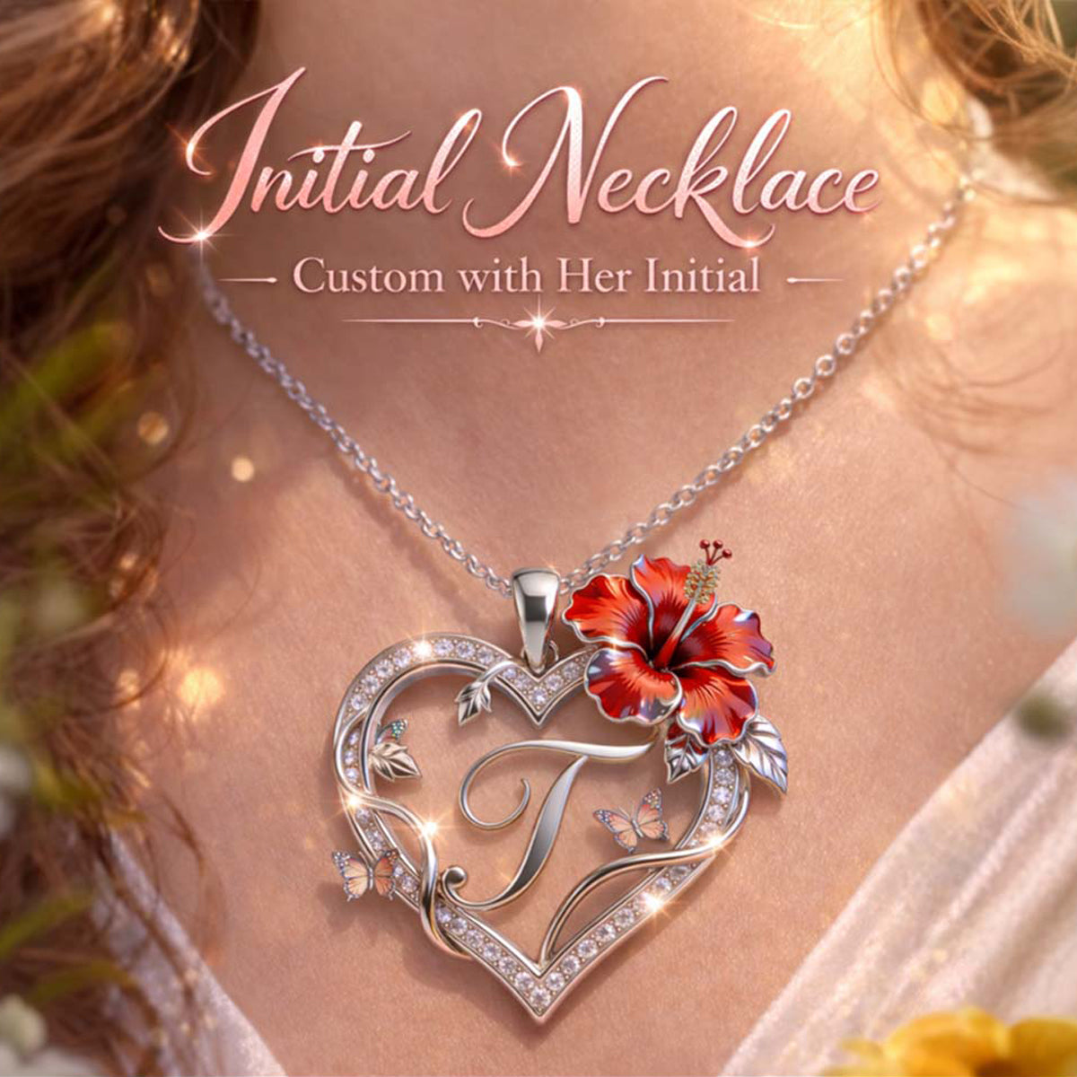 Inital Necklace, Birth Month Flowers - Personalized Birth Month Flower Shaped Metal Pendant Necklace