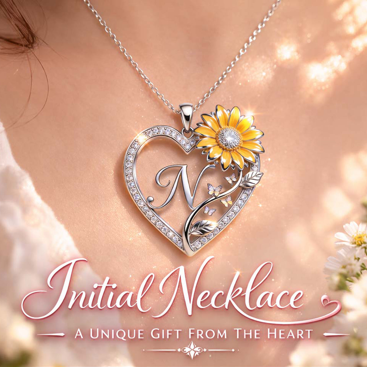 Inital Necklace, Birth Month Flowers - Personalized Birth Month Flower Shaped Metal Pendant Necklace