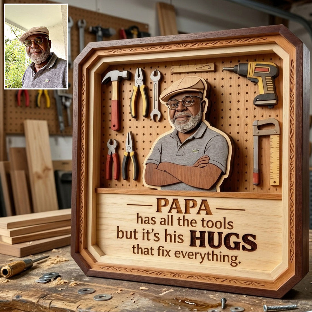 Dad/ Grandpa.. Has All The Tools, But It's His Hugs That Fix Everything - Personalized Father Custom Shaped Wood Plaque