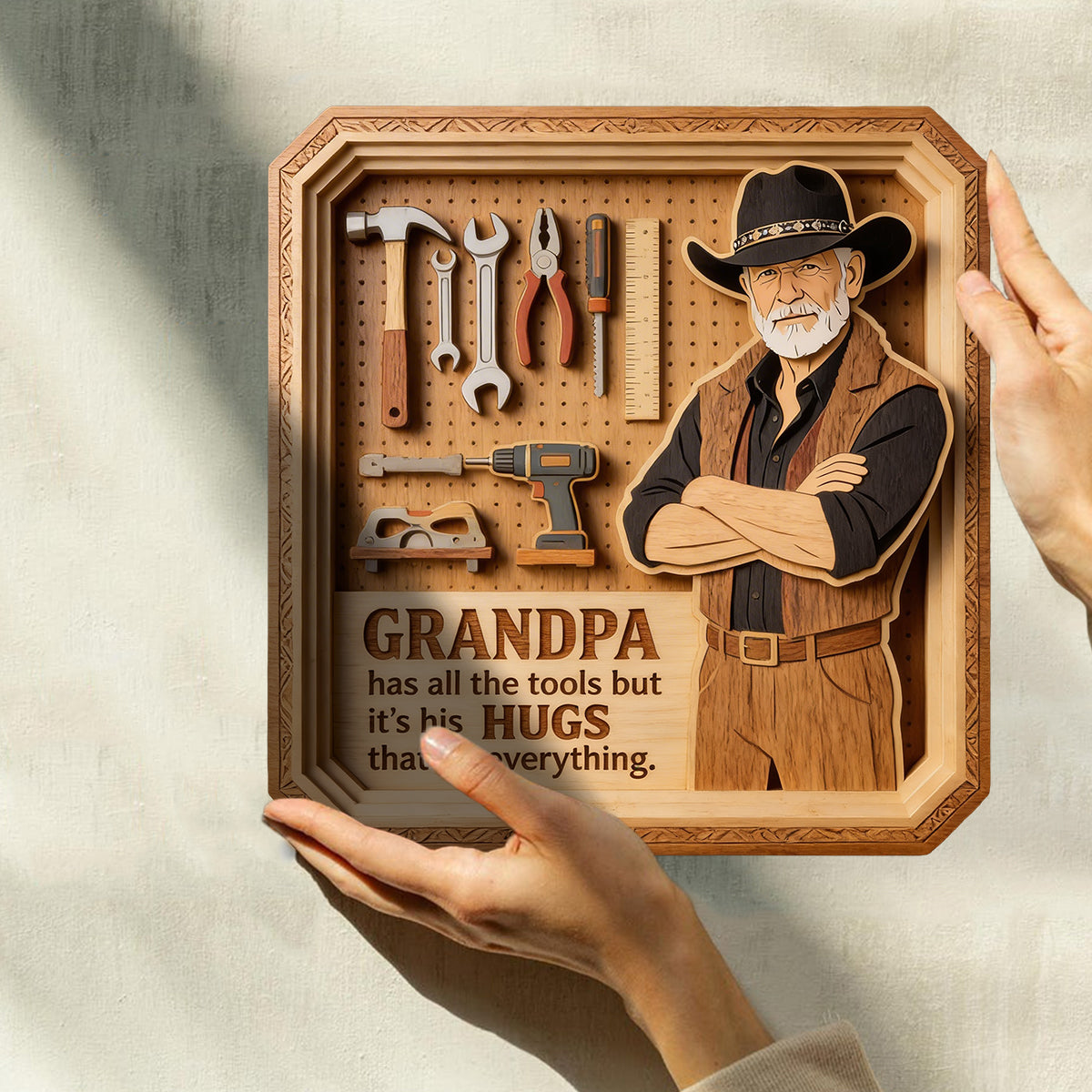Dad/ Grandpa.. Has All The Tools, But It's His Hugs That Fix Everything - Personalized Father Custom Shaped Wood Plaque