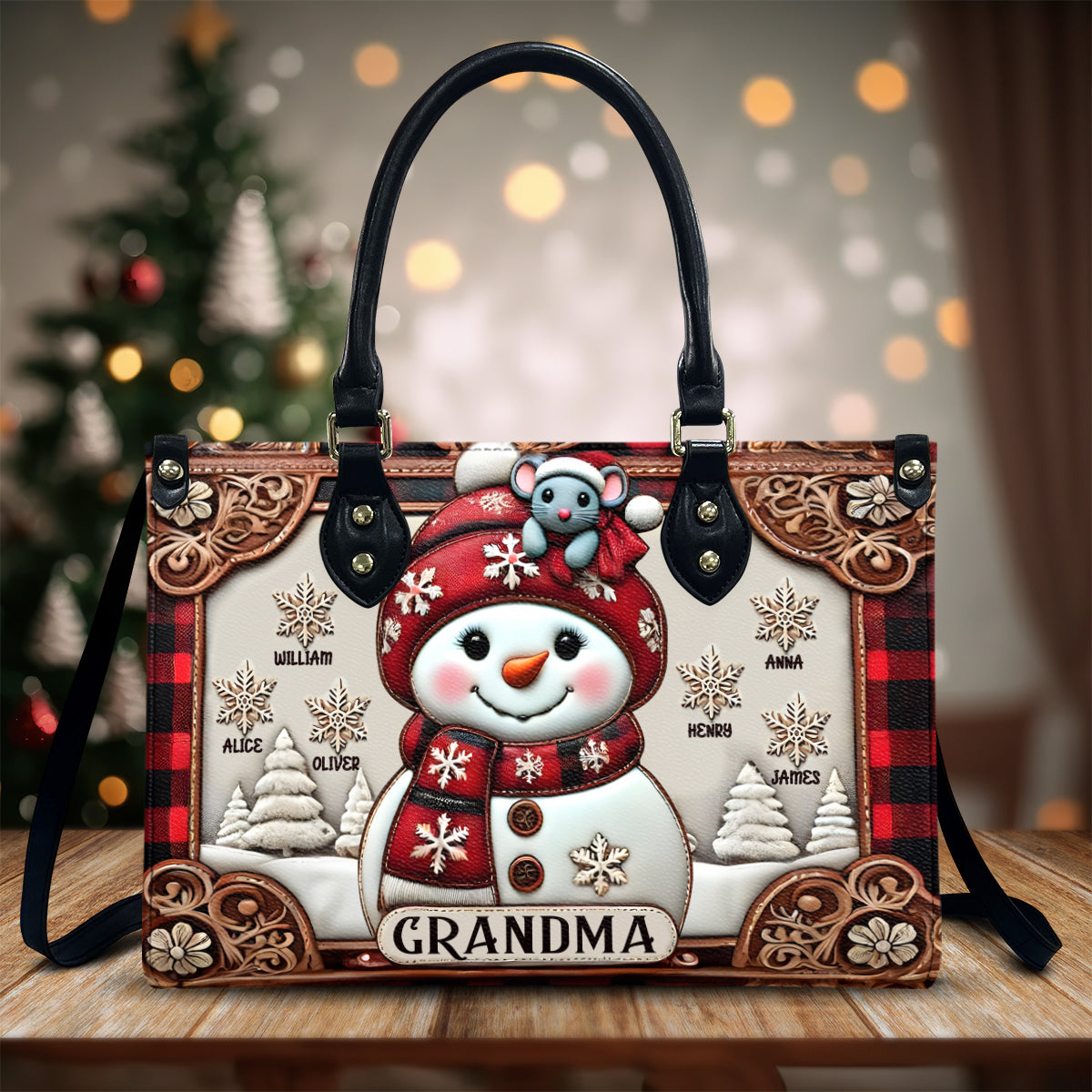 Sac à main en cuir personnalisé « Grand-mère Bonhomme de Neige Noël »