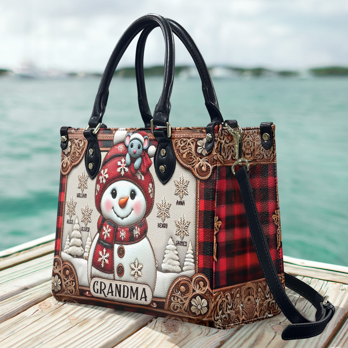 Sac à main en cuir personnalisé « Grand-mère Bonhomme de Neige Noël »