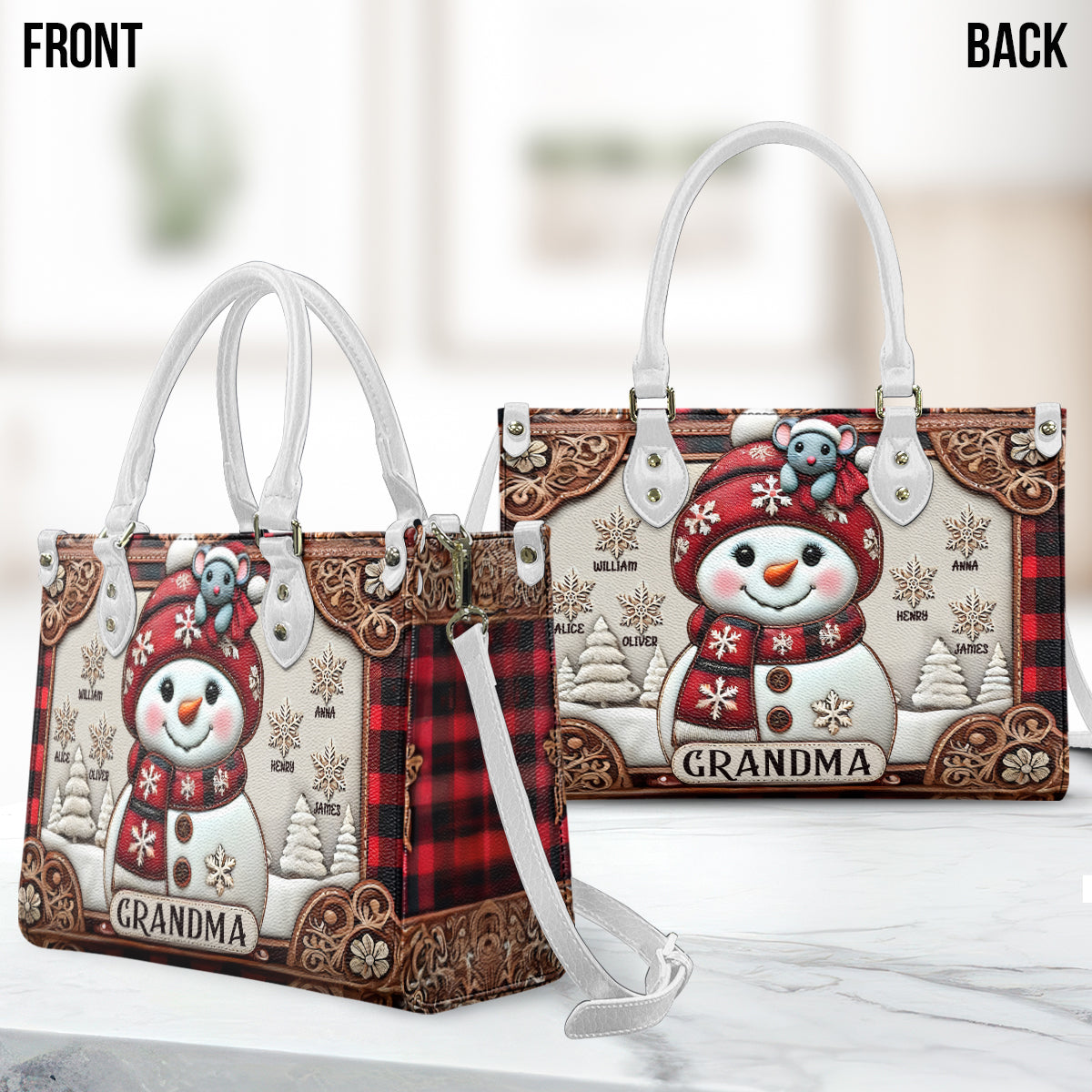 Sac à main en cuir personnalisé « Grand-mère Bonhomme de Neige Noël »