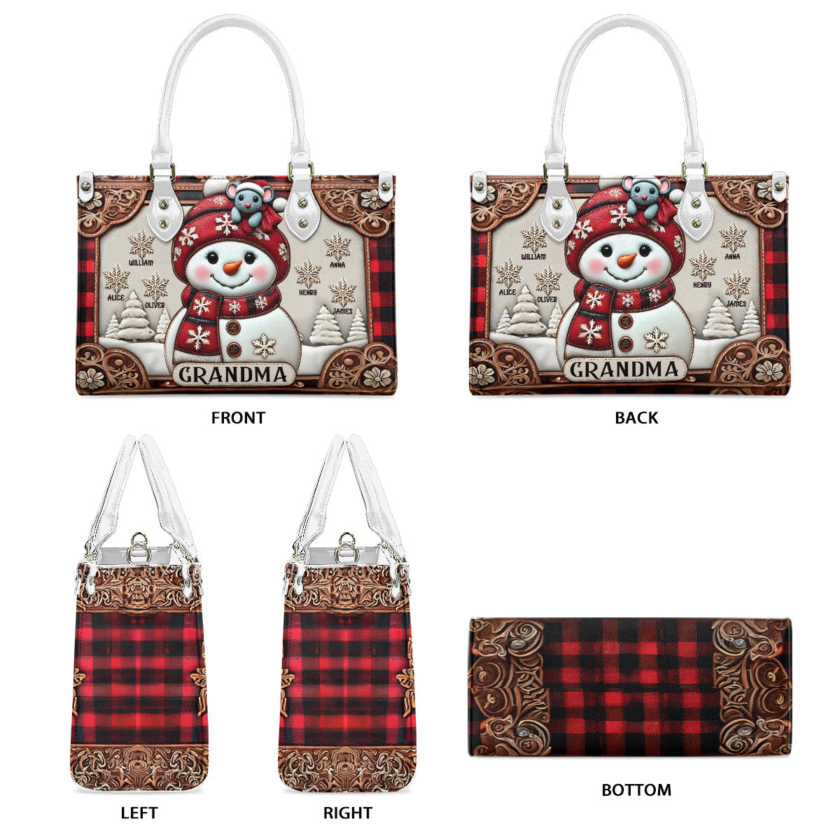 Sac à main en cuir personnalisé « Grand-mère Bonhomme de Neige Noël »