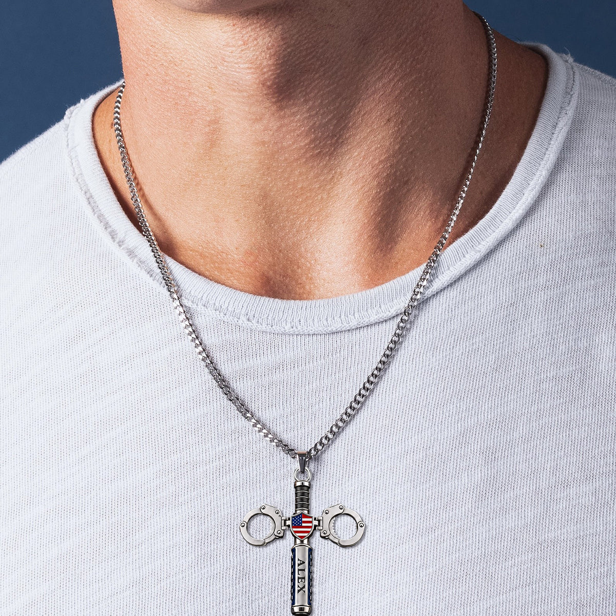 God Blessed The Blue - Personalized Police Officer Shaped Metal Pendant Necklace