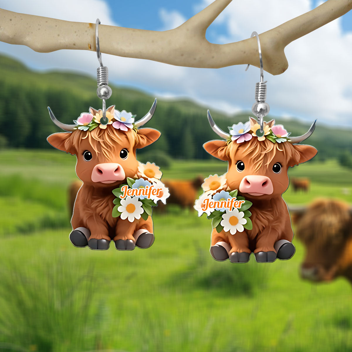 Une fille qui aime les vaches des Highlands - Boucles d'oreilles vache des Highlands personnalisées