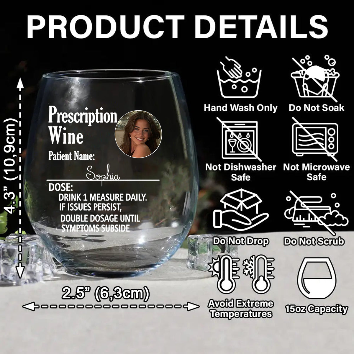 Custom Photo Funny Prescription Drink One Measure Daily - Personalized Wine All Over Wine Glass