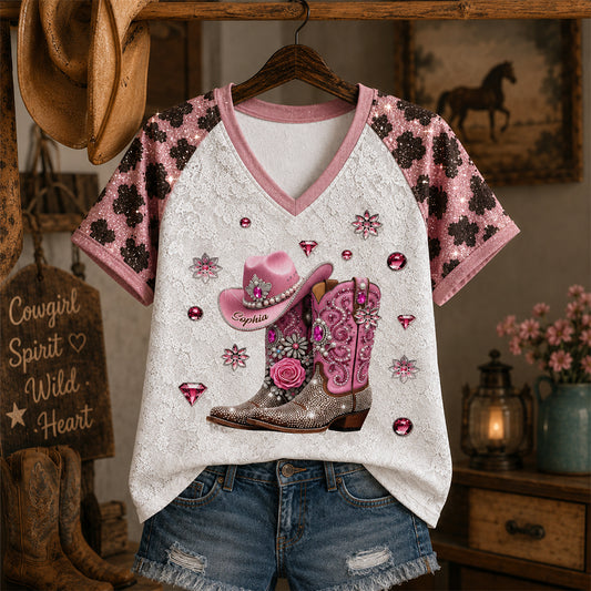 Bottes de Cowboy de Style Western - T-Shirt Personnalisé à Col V Imprimé