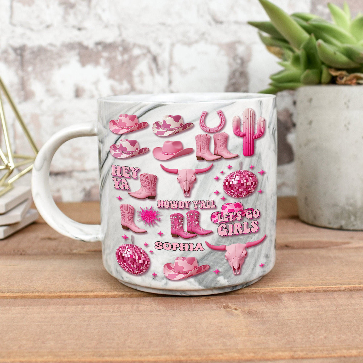 Mug marbré personnalisé « Cowgirl rose »