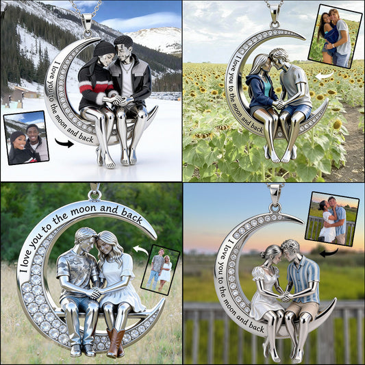 Je t'aime jusqu'à la lune et retour - Collier pendentif en métal personnalisé pour couple