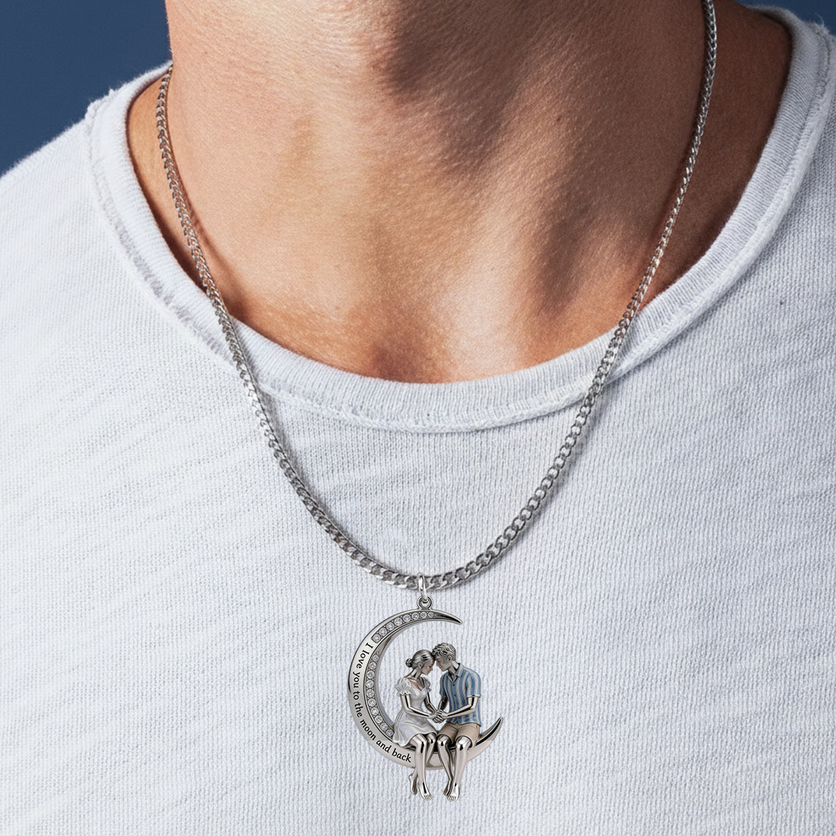 Je t'aime jusqu'à la lune et retour - Collier pendentif en métal personnalisé pour couple