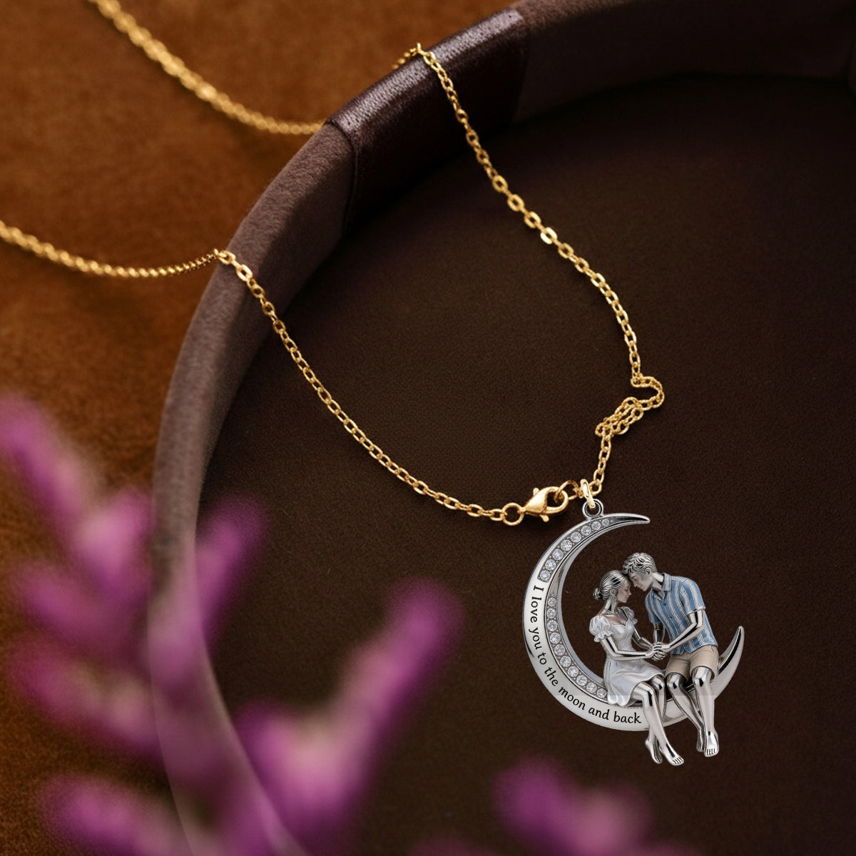 Je t'aime jusqu'à la lune et retour - Collier pendentif en métal personnalisé pour couple