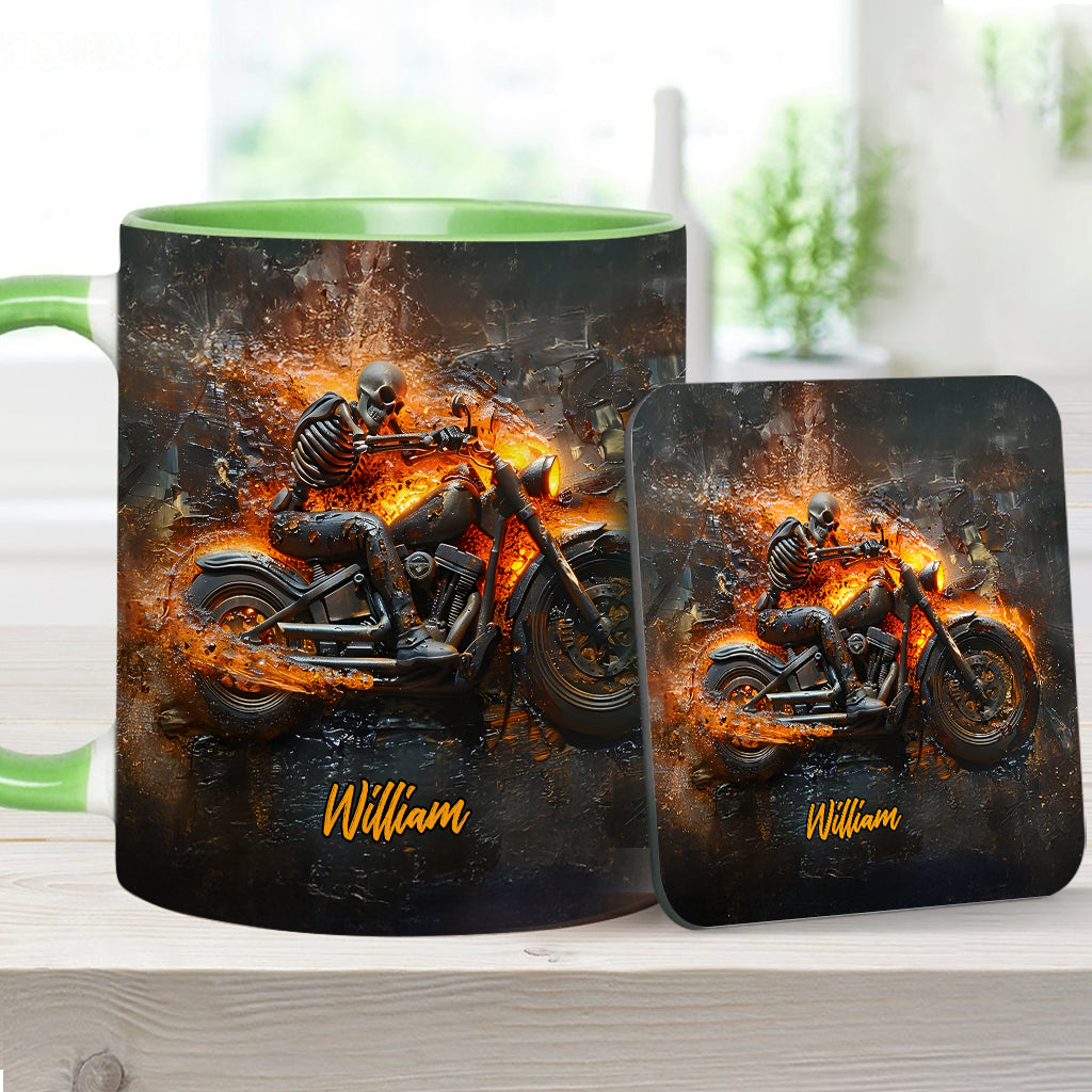 Mug personnalisé pour motard avec squelette sur une moto enflammée