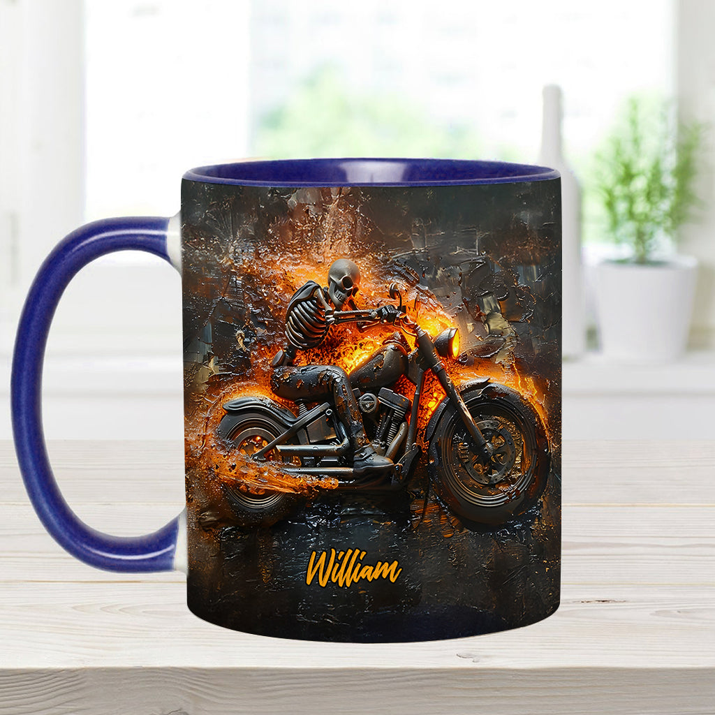 Mug personnalisé pour motard avec squelette sur une moto enflammée