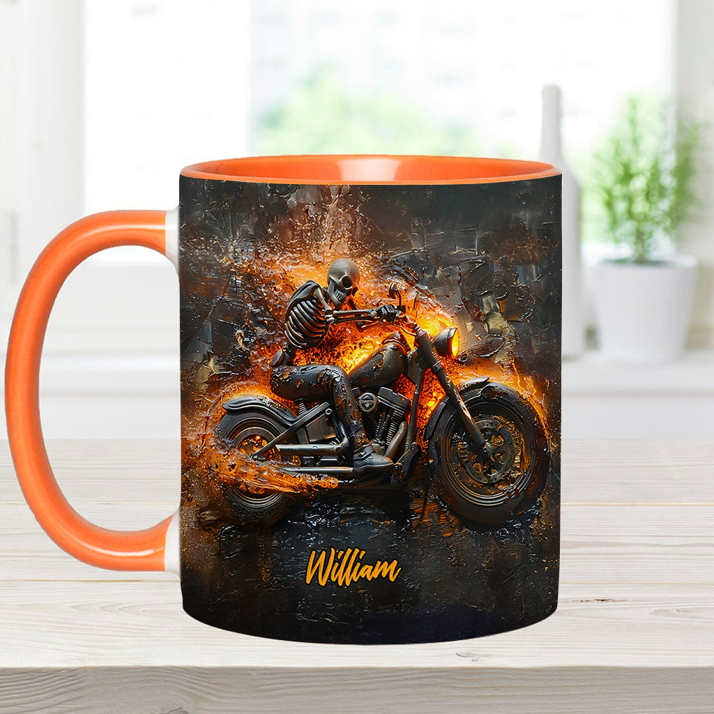 Mug personnalisé pour motard avec squelette sur une moto enflammée
