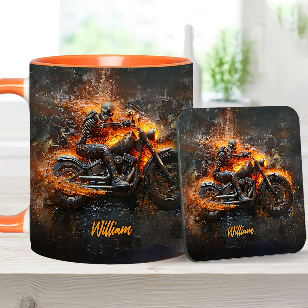 Mug personnalisé pour motard avec squelette sur une moto enflammée