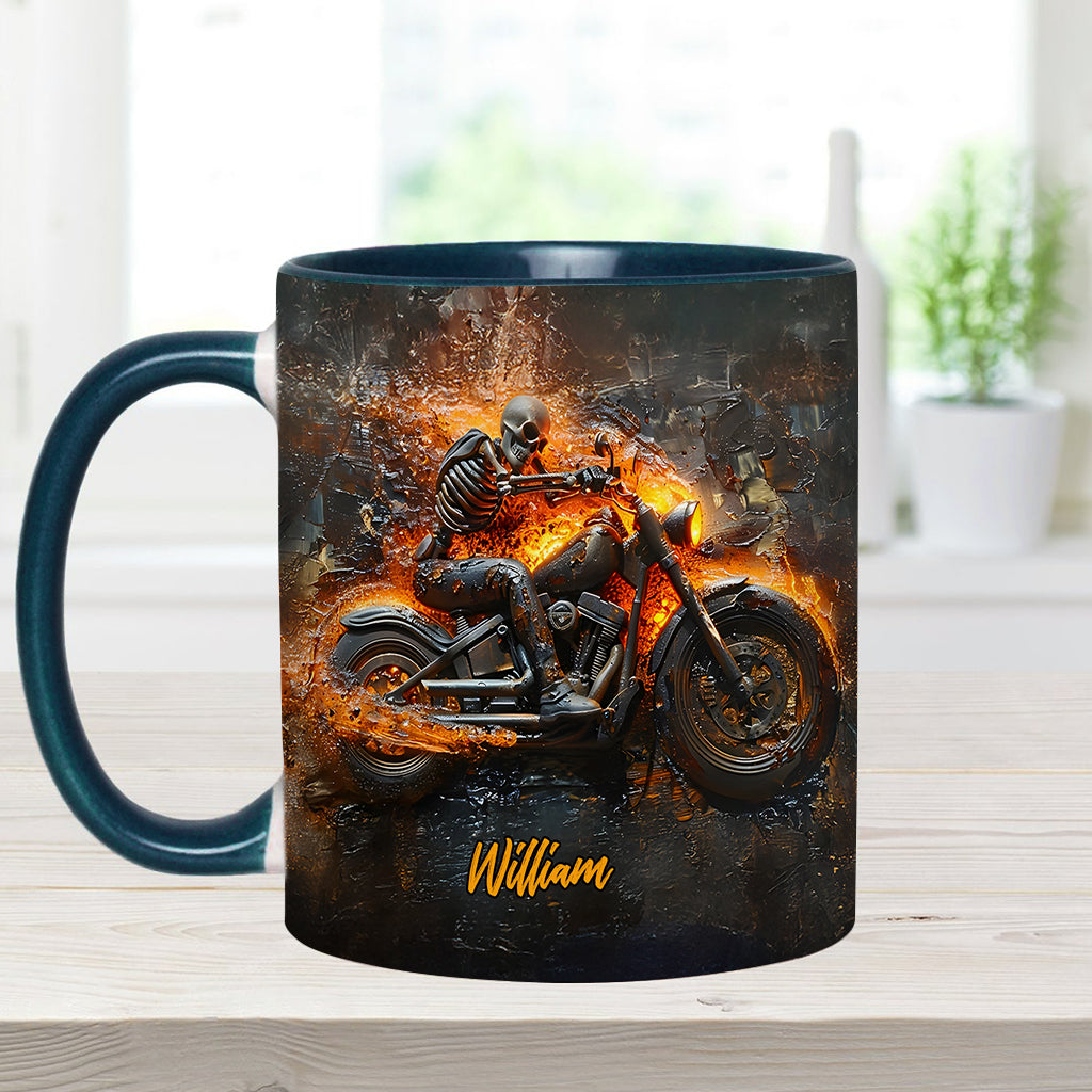 Mug personnalisé pour motard avec squelette sur une moto enflammée